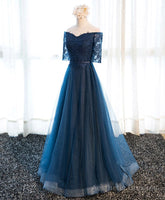 Dark Blue Lace Tulle Long Prom Dress, Lace Evening Dress